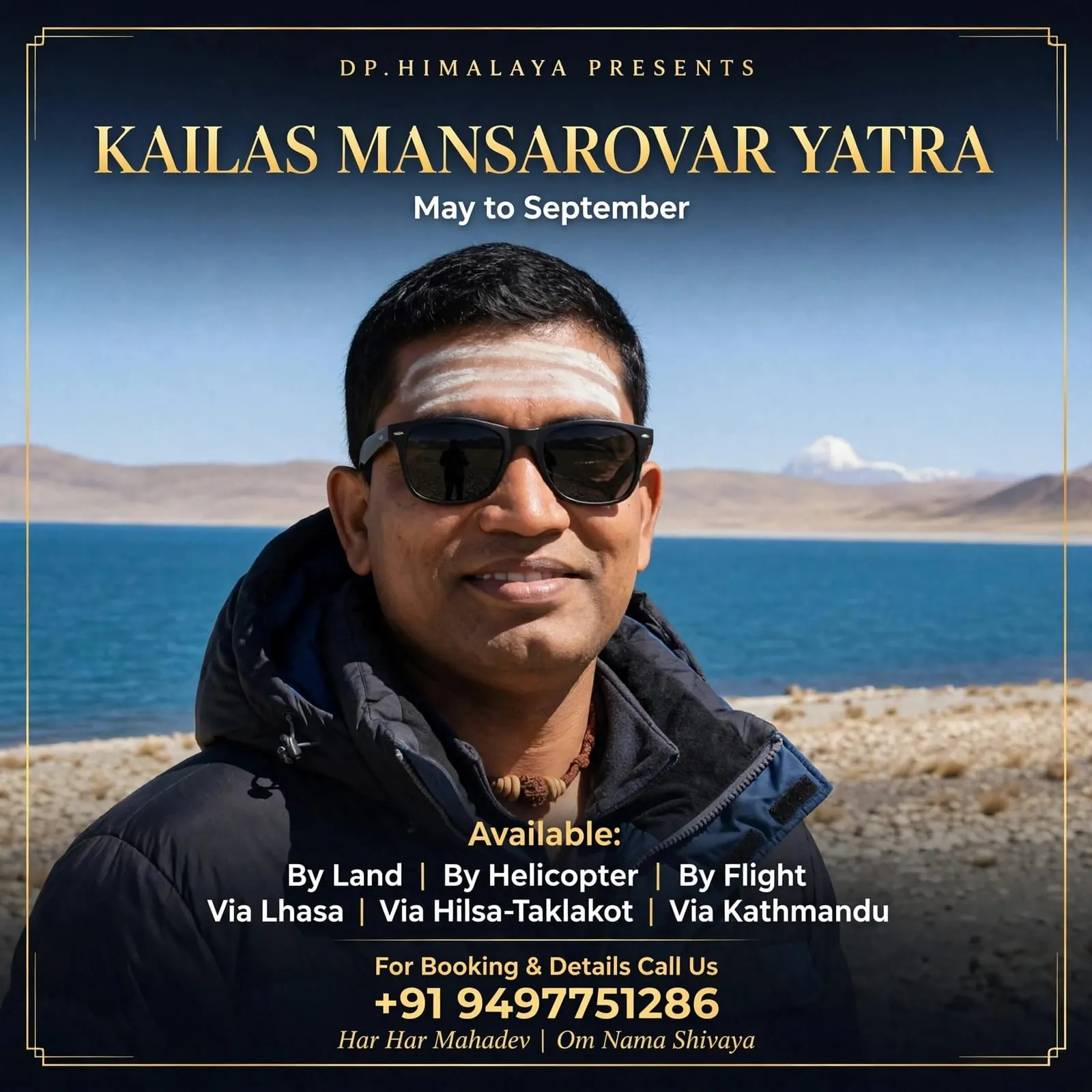 A traveller on a Himalayan pilgrimage beside a high-altitude lake
